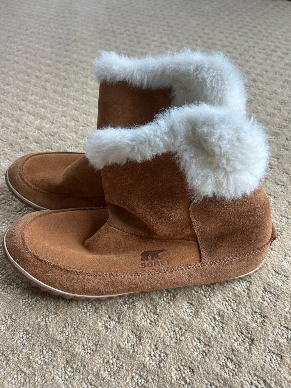 Sorel Kids Tan Suede Boots with White Faux Fur Cuff